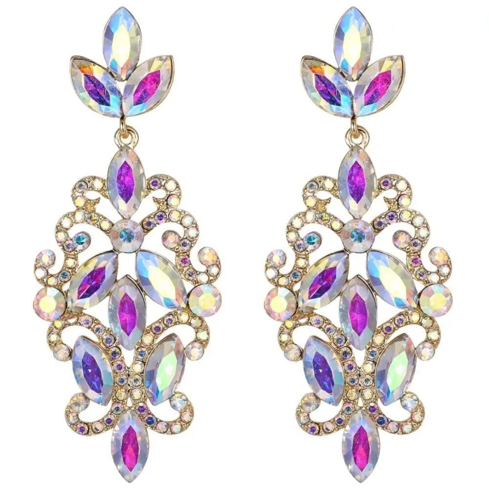 Yellow Gold with Iridescent AB Crystal Marquise Filigree Chandelier Earrings